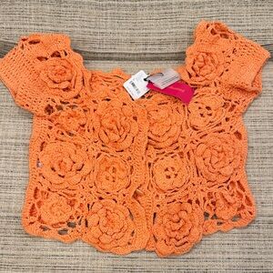 Tach Clothing sold at Free People Orange Hand Crochet Floral Women Top Sz Medium